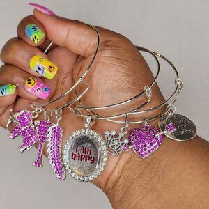I Am Happy Dark Pink Affirmation Manifestation Silver Bangle Set